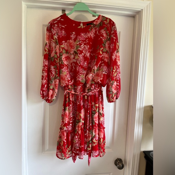 Tacera Women’s M Red Floral Print Belted Chiffon Lined Dress Flowy Pretty - Picture 2 of 3
